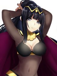 Rule 34 | 1girl, adjusting hair, alternate hairstyle, aone hiiro, arms up, black hair, black nails, blunt bangs, bodysuit, breasts, cape, circlet, cleavage, covered navel, expressionless, fire emblem, fire emblem awakening, grey eyes, long hair, medium breasts, nail polish, nintendo, ponytail, simple background, solo, straight hair, tharja (fire emblem), upper body, white background