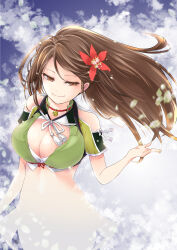 Rule 34 | 1girl, absurdres, amagi (kancolle), breasts, brown eyes, brown hair, cleavage, cleavage cutout, clothing cutout, flower, green shirt, hair ornament, highres, kantai collection, large breasts, leaf, leaf hair ornament, long hair, maple leaf, matsuura@parao, red flower, shirt, solo, upper body