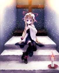 Rule 34 | 1girl, altar, ankle boots, bad id, bad pixiv id, bare shoulders, black thighhighs, blonde hair, blush, boots, bow, brown footwear, candle, candle wax, choker, cross, detached sleeves, dress, fire, fire, footwear bow, hair bow, hand up, hat, hat ribbon, highres, light particles, lips, long hair, mob cap, oekakinozobon, purple dress, ribbon, room, shoes, sitting, solo, stairs, strapless, strapless dress, thighhighs, touhou, very long hair, wide sleeves, yakumo yukari