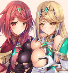 Rule 34 | 2girls, bare shoulders, blonde hair, blush, breast hold, breast press, breasts, breasts squeezed together, cleavage, deep skin, earrings, elbow gloves, gem, gloves, hair ornament, headpiece, highres, inoue takuya (tactactak), jewelry, large breasts, long hair, looking at viewer, multiple girls, mythra (xenoblade), nintendo, pyra (xenoblade), red eyes, red hair, short hair, simple background, smile, staring, swept bangs, symmetrical docking, tiara, very long hair, xenoblade chronicles (series), xenoblade chronicles 2, yellow eyes