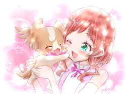 Rule 34 | 1girl, animal, artist name, clothing cutout, dog, earrings, frilled sleeves, frills, hair ornament, hairclip, high collar, holding, holding animal, inukai iroha, inukai komugi, inukai komugi (dog), jewelry, medium hair, neck ribbon, one eye closed, open mouth, pink ribbon, precure, red hair, ribbon, shirt, short sleeves, shoulder cutout, signature, smile, solo, star (symbol), starry background, suspenders, white shirt, white silver violet, wonderful precure!
