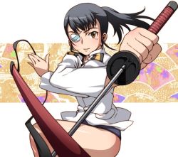 Rule 34 | 1girl, black hair, brown eyes, eyepatch, long hair, military, military uniform, ponytail, sakamoto mio, scabbard, school swimsuit, sheath, solo, strike witches, swimsuit, swimsuit under clothes, sword, tabigarasu, uniform, weapon, world witches series