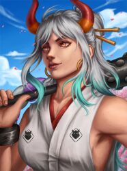 Rule 34 | 1girl, aqua hair, bare shoulders, closed mouth, cloud, cloudy sky, club, club (weapon), commentary, cuffs, curled horns, earrings, english commentary, gfmarra, hair ornament, hair stick, handcuffs, highres, holding, holding weapon, hoop earrings, horns, japanese clothes, jewelry, kanabou, long hair, multicolored hair, multicolored horns, one piece, oni, orange eyes, orange horns, outdoors, realistic, red horns, rope, shimenawa, sky, smile, solo, weapon, white hair, yamato (one piece)
