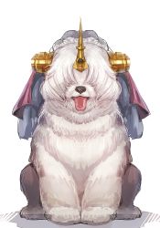 Rule 34 | animal ears, animal focus, animalization, bow (bhp), covered eyes, dog, dog ears, facing viewer, fate/grand order, fate (series), frankenstein&#039;s monster (fate), hair over eyes, horns, simple background, single horn, sitting, solo, tongue, tongue out, veil, white background