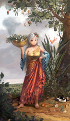 Rule 34 | 1girl, amibazh, arm up, bare shoulders, barefoot, basket, bird of paradise flower, breasts, cloud, cloudy sky, collarbone, day, detached sleeves, dress, expressionless, flower, food, fruit, full body, guinea pig, hair flower, hair ornament, hand on own hip, holding, holding basket, horizon, jewelry, large breasts, layered dress, long hair, looking at viewer, necklace, no bra, outdoors, parted bangs, plant, red eyes, sagging breasts, sakata nemuno, silver hair, single strap, sky, solo, standing, touhou, tree, very long hair, wavy hair