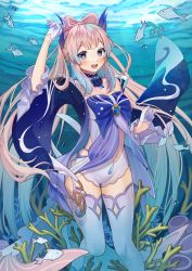 Rule 34 | 1girl, blue bow, blue eyes, blue hair, blush, bow, detached collar, eeri66, fish, frilled sleeves, frills, genshin impact, gloves, hair ornament, highres, multicolored hair, navel, open mouth, pink hair, sangonomiya kokomi, short shorts, shorts, smile, solo, thighhighs, twintails, two-tone hair, underwater, water, wide sleeves