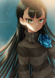 Rule 34 | 1girl, black hair, cluseller, green eyes, highres, looking at viewer, sasa kazamori, solo, straight hair, striped clothes, striped sweater, sweater, turtleneck, turtleneck sweater, un-go