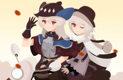 Rule 34 | 2girls, arknights, arm up, ascot, belt, black capelet, black dress, black gloves, black headwear, blush, capelet, chinese commentary, closed mouth, commentary, cross, cross necklace, dress, gloves, grey ascot, grey shirt, hair between eyes, hand up, hat, highres, jewelry, lieyan huangzi, long hair, long sleeves, looking at viewer, low-tied long hair, midriff, motor vehicle, multiple girls, navel, necklace, official alternate costume, one eye closed, outdoors, parted lips, red eyes, scarf, scooter, shirt, skadi (arknights), smile, specter (arknights), specter (undercurrent) (arknights), upper body, waving, white hair