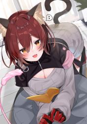 Rule 34 | 1girl, :d, absurdres, all fours, animal ear fluff, animal ears, blush, breasts, brown eyes, brown hair, cat ears, cat tail, cat teaser, cleavage cutout, clothing cutout, commentary request, dutch angle, fang, highres, hololive, indoors, large breasts, long sleeves, looking at viewer, musical note, open mouth, roboco-san, roboco-san (sweater dress), satobitob, short hair, skin fang, smile, solo, spoken musical note, sweater, tail, virtual youtuber