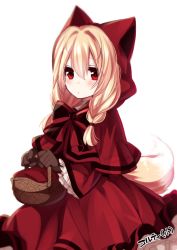 Rule 34 | 1girl, animal ears, basket, blonde hair, blush, bow, bowtie, braid, brown gloves, capelet, closed mouth, commentary request, dress, fox ears, fox tail, gloves, hair between eyes, holding, konshin, long sleeves, looking at viewer, original, red bow, red bowtie, red capelet, red dress, red eyes, simple background, solo, tail, white background, wide sleeves