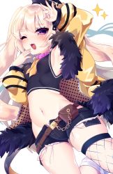 Rule 34 | 1girl, ;d, absurdres, arm up, armpits, azur lane, bache (azur lane), belt, belt buckle, black hat, black shirt, black shorts, blonde hair, breasts, brown belt, buckle, chain, chiitamu, collar, commentary request, crop top, cutoffs, fang, fishnet thighhighs, fishnets, fur-trimmed jacket, fur trim, groin, hair between eyes, hand up, hat, highres, jacket, long hair, long sleeves, looking at viewer, midriff, mini hat, navel, neckerchief, one eye closed, open clothes, open jacket, open mouth, orange neckerchief, pink collar, puffy long sleeves, puffy sleeves, purple eyes, shirt, short shorts, shorts, skindentation, sleeveless, sleeveless shirt, small breasts, smile, solo, sparkle, thick eyebrows, thighhighs, tilted headwear, two side up, very long hair, yellow jacket