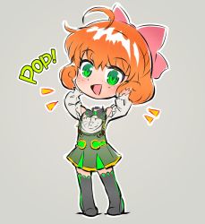 Rule 34 | 1girl, ahoge, android, chibi, freckles, green eyes, head removed, highres, iesupa, orange hair, penny polendina, rwby, rwby chibi, solo, sound effects
