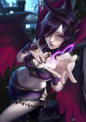 Rule 34 | 1girl, absurdres, angel wings, breasts, cleavage, colored skin, goth fashion, hand on own chest, heart, highres, league of legends, lipstick, long hair, makeup, midriff, morgana (league of legends), navel, pointy ears, purple eyes, purple hair, purple lips, sai foubalana, signature, solo, vambraces, white skin, wings