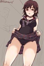 Rule 34 | 10s, 1girl, bare arms, bare legs, black neckwear, black panties, blouse, blush, breasts, brown eyes, brown hair, checkered clothes, checkered skirt, clothes lift, commentary request, final fantasy, final fantasy xv, gluteal fold, highres, iris amicitia, lifted by self, medium breasts, numakurap, panties, shirt, short hair, skirt, skirt lift, sleeveless, sleeveless shirt, solo, standing, thighs, underwear, unfinished, sketch background