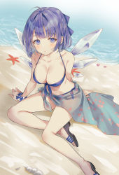 Rule 34 | 1girl, ahoge, bare shoulders, beach, bikini, blue bikini, blue eyes, blue hair, breasts, cha chya, cirno, cleavage, flip-flops, front-tie bikini top, front-tie top, halterneck, highres, ice, ice wings, large breasts, looking at viewer, navel, aged up, sand, sandals, sarong, scrunchie, shell, short hair, side-tie bikini bottom, sitting, solo, starfish, string bikini, swimsuit, thighs, touhou, water, wings, wrist scrunchie