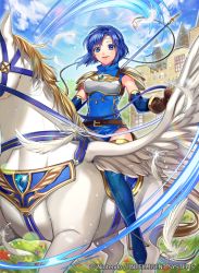 Rule 34 | 1girl, armor, belt, blue eyes, blue hair, blue sky, breastplate, castle, catria (fire emblem), cloud, cloudy sky, company connection, copyright name, day, dress, elbow gloves, feathered wings, feathers, fingerless gloves, fire emblem, fire emblem: mystery of the emblem, fire emblem cipher, gloves, headband, holding, holding weapon, horseback riding, looking at viewer, matsurika youko, nintendo, official art, outdoors, parted lips, pegasus, pegasus knight uniform (fire emblem), polearm, rainbow, riding, shiny clothes, shiny skin, short dress, short hair, shoulder armor, sky, sleeveless, smile, spear, thighhighs, weapon, wings