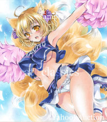 Rule 34 | 1girl, :d, ahoge, alternate costume, animal ears, armpits, artist name, at classics, bare arms, blonde hair, blush, bow, bow panties, breasts, cheerleader, covered erect nipples, dutch angle, flower, fox ears, hair between eyes, hair bobbles, hair ornament, kneehighs, large breasts, looking at viewer, midriff, multiple tails, navel, no bra, open mouth, panties, pink bow, pom pom (cheerleading), sample watermark, shoes, short hair, sleeveless, smile, socks, solo, stomach, tail, touhou, traditional media, underboob, underwear, watermark, white panties, white socks, wind, wind lift, yakumo ran, yellow eyes