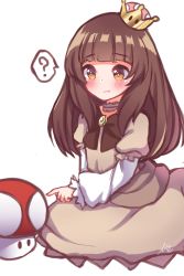 Rule 34 | 1girl, ?, absurdres, blunt bangs, blush, bow, bright pupils, brooch, brown bow, brown dress, brown eyes, brown hair, closed mouth, crown, dress, earrings, fang, fang out, frilled dress, frilled sleeves, frills, highres, jewelry, kneeling, layered sleeves, long hair, long sleeves, mario (series), mini crown, new super mario bros. u deluxe, nintendo, noname (akiko-san), pout, princess goomba, puffy short sleeves, puffy sleeves, raised eyebrows, short hair, short over long sleeves, short sleeves, signature, simple background, solo, speech bubble, spoken question mark, super crown, super mushroom, white background, white sleeves