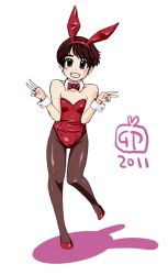 Rule 34 | 1boy, animal ears, bare shoulders, bow, bowtie, brown hair, clenched teeth, crossdressing, double v, earrings, fake animal ears, full body, high heels, jewelry, leotard, lipstick, makeup, male focus, nail polish, nylons, pantyhose, playboy bunny, rabbit ears, shoes, short hair, simple background, smile, solo, teeth, trap, v, wrist cuffs