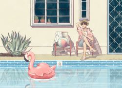 Rule 34 | 1boy, absurdres, ball, beachball, blouse, brown hair, chair, cocktail glass, crossed legs, cup, day, drinking glass, furuya01boy, hat, hawaiian shirt, highres, hurricane glass, inflatable flamingo, lounge chair, male focus, original, outdoors, pink shirt, plant, pool, potted plant, reflection, sandals, scenery, shirt, shorts, sitting, straw hat, water, white shirt, wide shot, window