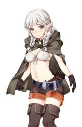 Rule 34 | 1girl, bikini, bikini top only, blush, boots, braid, breasts, brown eyes, choker, cleavage, covered erect nipples, dragon&#039;s crown, elf, elf (dragon&#039;s crown), front-tie top, gloves, grey hair, long hair, navel, parted lips, pointy ears, quiver, shorts, simple background, solo, swimsuit, tama (tamatamo), thigh boots, thighhighs, twin braids, white background, white bikini, white hair