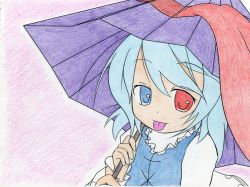 Rule 34 | 1girl, :p, blue eyes, blue hair, colored pencil (medium), colorized, female focus, heterochromia, karakasa obake, looking at viewer, matching hair/eyes, oil-paper umbrella, red eyes, solo, tatara kogasa, tatsun, tongue, tongue out, touhou, traditional media, umbrella, yuki (6468)