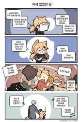 Rule 34 | 1boy, 4koma, :3, animal, animal ears, animal print, animalization, artist name, bag, black cat, blonde hair, blue eyes, blue jumpsuit, blue shirt, blush, body armor, carrying, carrying person, cat, cat ears, cat girl, cat tail, catnip, chibi, clip studio paint (medium), closed eyes, comic, commentary request, drooling, drugged, elbow pads, girls&#039; frontline, hair between eyes, highres, holding, holding animal, holding bag, holding cat, holding paper, idw (girls&#039; frontline), idw (mod3) (girls&#039; frontline), jumpsuit, korean commentary, korean text, leopard print, lying, madcore, mod3 (girls&#039; frontline), on side, paper, pixiv id, pot on head, reading, red bag, shirt, short sleeves, spiral, tail, toolbox, topless, translation request, twintails, u u, yellow cat