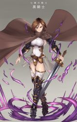 Rule 34 | 10s, armor, black knight (granblue fantasy), breasts, brown hair, cloak, female knight, granblue fantasy, green eyes, highres, j-acky, knight, large breasts, sword, weapon
