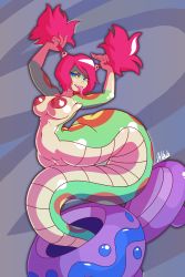 Rule 34 | 1girl, absurdres, ass, blue eyes, breasts, collarbone, colored sclera, colored skin, fangs, green skin, highres, jar, lamia, large breasts, monster girl, navel, nipples, pussy, red hair, shantae: half-genie hero, shantae (series), short hair, short twintails, tuki (shantae), twintails, yellow sclera