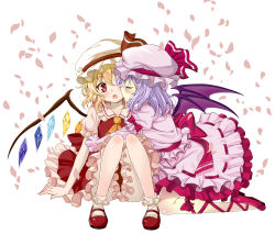 Rule 34 | 2girls, ascot, blonde hair, blouse, blush, bow, closed eyes, collared shirt, dress, fang, flandre scarlet, frilled dress, frilled hat, frilled legwear, frilled shirt, frilled skirt, frills, hair between eyes, hat, hat bow, highres, hug, incest, kiss, kneeling, knees together feet apart, mary janes, mob cap, multiple girls, one eye closed, open mouth, petals, pink dress, puffy sleeves, purple hair, purple shirt, red dress, red eyes, red shirt, remilia scarlet, ribbon, shirt, shoes, short hair, short sleeves, siblings, simple background, sisters, sitting, skirt, skirt set, surprised, taturouxs, touhou, white background, wince, wings, wrist cuffs, yuri