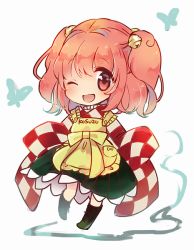 Rule 34 | 1girl, ;d, apron, bell, bug, butterfly, character name, checkered clothes, checkered kimono, chibi, clothes writing, hair bell, hair ornament, insect, japanese clothes, kimono, motoori kosuzu, one eye closed, open mouth, red eyes, red hair, sen1986, short hair, smile, solo, touhou, twintails, two side up