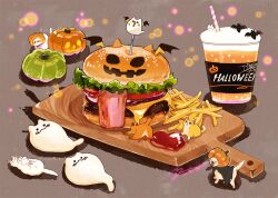 Rule 34 | animal, burger, cat, cheese, cup, disposable cup, drink, drinking straw, food, food focus, french fries, hakuchizu, halloween, jack-o&#039;-lantern, ketchup, lettuce, meat, no humans, original, pumpkin, tomato, tomato slice