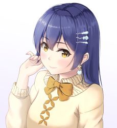 Rule 34 | 1girl, a lady in the moonlight (love live!), artist name, artist request, blue hair, blush, bow, bowtie, breasts, brown bow, brown eyes, earrings, female focus, hair between eyes, hair ornament, hairclip, jewelry, long hair, looking at viewer, love live!, love live! school idol festival, love live! school idol festival all stars, love live! school idol project, medium breasts, nail polish, parted lips, pink lips, pink nails, pink nails, pom pom (clothes), pom pom earrings, shell hair ornament, smile, solo, sonoda umi, star (symbol), star earrings, sweater, upper body, watch, white background, white sweater, wristwatch, yellow eyes