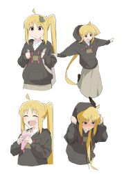 Rule 34 | 1girl, :d, ^ ^, ahoge, black hoodie, blonde hair, blush, bocchi the rock!, closed eyes, commentary, crepe, detached ahoge, eating, embarrassed, food, food on face, full-face blush, furrowed brow, hands up, happy, highres, hood, hood down, hood up, hoodie, ijichi nijika, leaf, leaf on head, long hair, long skirt, looking at viewer, looking to the side, ookiiayu, open mouth, outstretched arms, parted bangs, parted lips, red eyes, side ponytail, sidelocks, simple background, skirt, sleeves past wrists, smile, solo, upper body, very long hair, white background