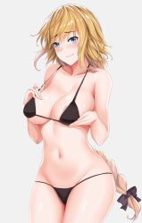Rule 34 | 1girl, areola slip, bare arms, bare shoulders, bikini, black bikini, black bow, blonde hair, blue eyes, blush, bow, braid, breasts, cleavage, closed mouth, collarbone, commentary request, cowboy shot, fate/apocrypha, fate (series), grey background, groin, hair bow, hanada yanochi, jeanne d&#039;arc (fate), jeanne d&#039;arc (ruler) (fate), large breasts, long hair, looking at viewer, low-tied long hair, lowleg, lowleg bikini, navel, shiny skin, simple background, single braid, smile, solo, standing, stomach, string bikini, swimsuit, thighs, very long hair