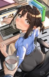Rule 34 | 1boy, 1girl, artist name, ass, binder, blue shirt, blush, brown hair, chair, closed mouth, coffee, coffee mug, computer, cup, desk, douki-chan (douki-chan), embarrassed, enma (enmanuelart), eyelashes, full body, ganbare douki-chan, grey eyes, high heels, highres, laptop, lingerie, looking at viewer, looking back, mug, office chair, office lady, open mouth, pantyhose, pencil skirt, shiny clothes, shirt, sitting, skirt, solo, surprised, sweat, swivel chair, underwear, wavy mouth, window (computing)