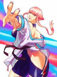 Rule 34 | 1girl, bare shoulders, blue eyes, breasts, highres, hip vent, jams, large breasts, lips, long hair, manon legrand, pink hair, street fighter, street fighter 6