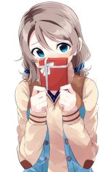 Rule 34 | 10s, 1girl, blue eyes, blue vest, blush, bow, box, brown sweater, fur collar, gift, gift box, hair ornament, hair scrunchie, head tilt, holding, holding gift, light brown hair, long sleeves, looking at viewer, love live!, love live! school idol festival, love live! sunshine!!, low twintails, nose blush, open clothes, open vest, scrunchie, simple background, solo, sweater, tareme, totoki86, twintails, unbuttoned, upper body, valentine, vest, watanabe you, white background, white bow