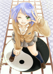 Rule 34 | blue hair, breasts, green eyes, madoka (onmyou taisenki), medium breasts, onmyou taisenki, short hair, skirt, yin yang