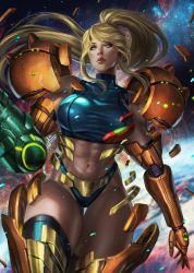 Rule 34 | 1girl, abs, arm cannon, blonde hair, blue eyes, blue thighhighs, commentary, directed-energy weapon, energy cannon, energy weapon, english commentary, expressionless, highleg, highleg panties, highres, looking to the side, metroid, mole, mole under mouth, muscular, muscular female, navel, nintendo, panties, parted lips, samus aran, sleeveless, soffa, solo, space, star (sky), stomach, thigh gap, thighhighs, toned, transforming clothes, underwear, varia suit, weapon