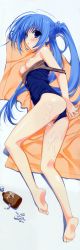 Rule 34 | 1girl, :o, absurdres, antenna hair, barefoot, between legs, blue eyes, blue hair, blush, breasts, breasts out, censored, clothes pull, dakimakura (medium), feet, female focus, full body, hand between legs, highres, huge filesize, legs, long image, lotion, lying, matching hair/eyes, medium breasts, nipples, off shoulder, on side, one-piece swimsuit, one-piece swimsuit pull, ponytail, pussy, r g b, scan, school swimsuit, shiki ai, soles, solo, suggestive fluid, suzuhira hiro, swimsuit, tall image, toes, towel, undressing
