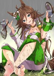 Rule 34 | 1girl, ahoge, animal ears, bandeau, barefoot, blue eyes, breasts, brown hair, choker, commentary request, crop top, cropped jacket, crossed legs, dirty, dirty clothes, dirty face, dirty feet, dirty hands, feet, full body, grass, green bandeau, green shirt, grey sky, hair between eyes, hair ornament, hairclip, hands up, hat, head tilt, high heels, holding, holding shoes, horse ears, horse girl, horse tail, indian style, jacket, long hair, looking at viewer, mini hat, mini top hat, misu kasumi, mr. c.b. (umamusume), mud, on grass, on ground, open clothes, open jacket, open mouth, outdoors, pants, rain, shirt, shoes, single sleeve, single wrist cuff, sitting, sky, small breasts, smile, soles, solo, tail, toes, top hat, umamusume, white hat, white jacket, white pants, wrist cuffs
