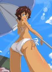 Rule 34 | 1girl, :d, ass, back, beach umbrella, bikini, blue eyes, blue sky, brown hair, cloud, cloudy sky, commentary request, dark-skinned female, dark skin, day, from behind, girls und panzer, holding, kumagapaniti, lens flare, looking at viewer, looking back, open mouth, outdoors, partial commentary, short hair, side-tie bikini bottom, sky, smile, solo, standing, suzuki (girls und panzer), swimsuit, trefoil, umbrella, white bikini