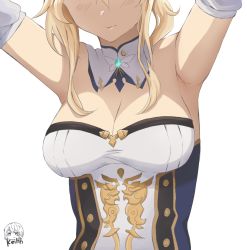 Rule 34 | 1girl, armpits, arms up, artist name, blonde hair, blush, breasts, cleavage, closed mouth, detached collar, detached sleeves, gem, genshin impact, head out of frame, highres, jean (genshin impact), keihh, medium breasts, sidelocks, solo, white background