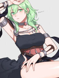 Rule 34 | 1girl, arm up, armlet, armpits, bare shoulders, black dress, bracelet, breasts, byleth (female) (fire emblem), byleth (fire emblem), choker, cleavage, collarbone, commentary request, dancer (fire emblem: three houses), dress, enlightened byleth (female), expressionless, fire emblem, fire emblem: three houses, green eyes, green hair, hair between eyes, highres, jewelry, large breasts, looking at viewer, medium breasts, medium hair, nintendo, official alternate costume, official alternate hair color, parted lips, peach11 01, single-shoulder dress, solo, thighs
