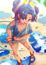 Rule 34 | 10s, 1girl, bare shoulders, blue eyes, blue shirt, bow, camembert chizuko, from above, grass, hair bow, hair intakes, kirakira precure a la mode, looking down, open mouth, ponytail, precure, puddle, sandals, shirt, short sleeves, shorts, solo, standing, tategami aoi, wet, white shorts, wringing clothes, yellow bow