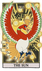 absurdres animal_focus bird border card_(medium) carrotzmoonman commentary creatures_(company) english_commentary full_body game_freak gen_2_pokemon highres ho-oh legendary_pokemon nintendo no_humans open_mouth pokemon pokemon_(creature) red_eyes roman_numeral sunflora talons tarot tarot_(medium) the_sun_(tarot) white_border