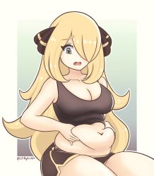 Rule 34 | 1girl, absurdres, belly, belly grab, blonde hair, breasts, cleavage, creatures (company), cynthia (pokemon), game freak, grey eyes, hair ornament, hair over one eye, highres, large breasts, long hair, looking at viewer, navel, nintendo, open mouth, plump, pokemon, pokemon dppt, short shorts, shorts, simple background, sjryker, solo, tank top, very long hair, wavy hair, weight conscious