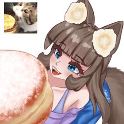 1girl animal_ear_fluff animal_ears blue_eyes blunt_bangs breasts brown_hair cat cat_ears cat_girl cat_tail donut fangs food happy long_hair meme open_mouth original reference_photo tail takie takie_arts very_long_hair white_background