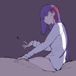 Rule 34 | 1girl, bed, bottomless, commentary request, fate/stay night, fate (series), hair ribbon, highres, indoors, jikatarou, long hair, looking at viewer, looking to the side, matou sakura, naked shirt, on bed, parted lips, purple background, purple eyes, purple hair, pussy juice, pussy juice trail, red ribbon, ribbon, shirt, simple background, sitting, solo, sweatdrop, very long hair